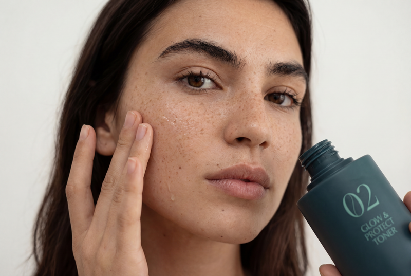 Active ingredient-laden toner serum through RU21 Radience Lift.